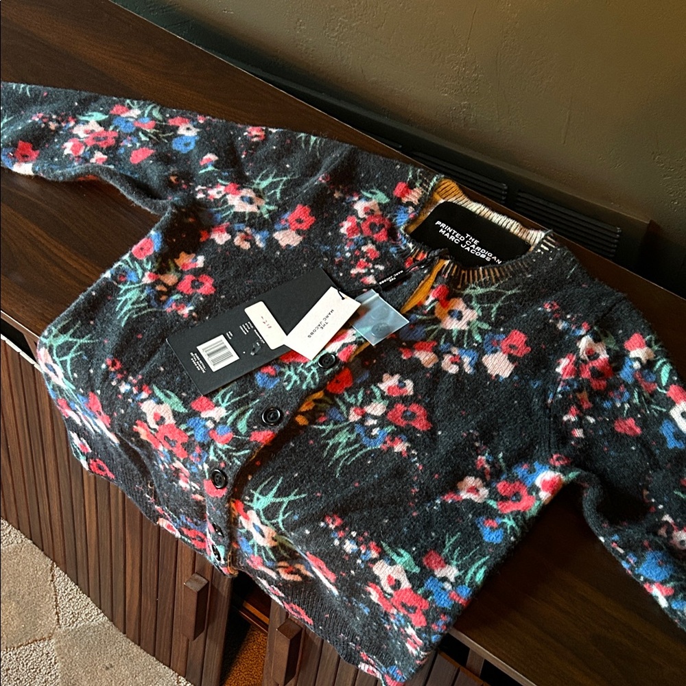 Marc Jacobs Black Floral Button-Front Cardigan with Pink & Blue Accents